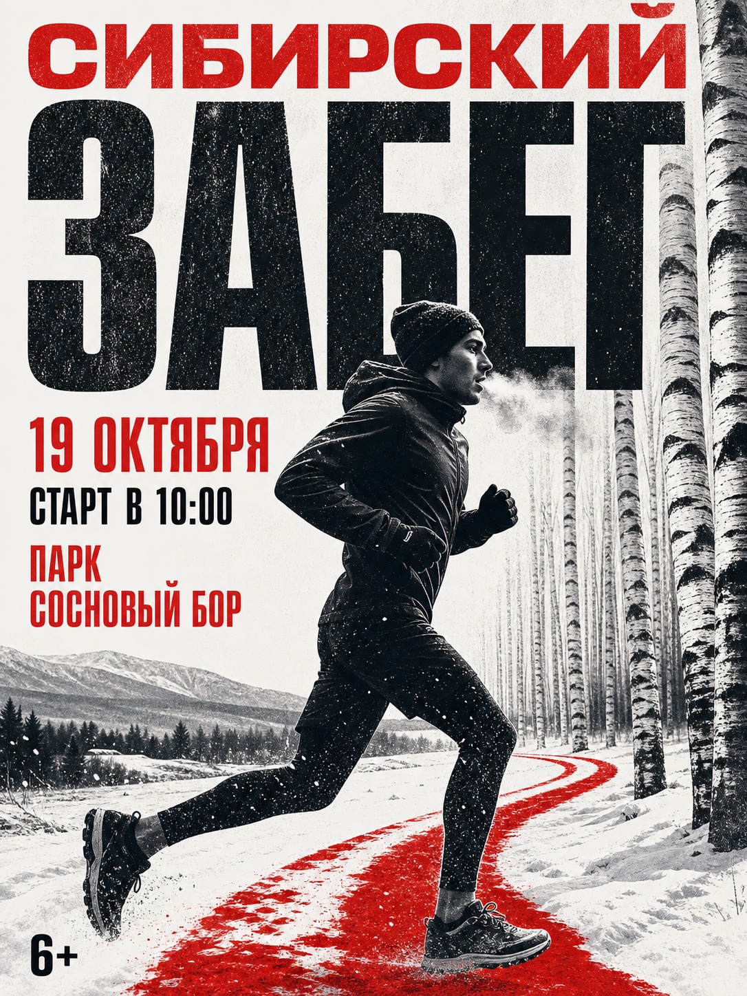 Афиша Сибирского забега: бегун, берёзовый лес, снег и красная линия маршрута