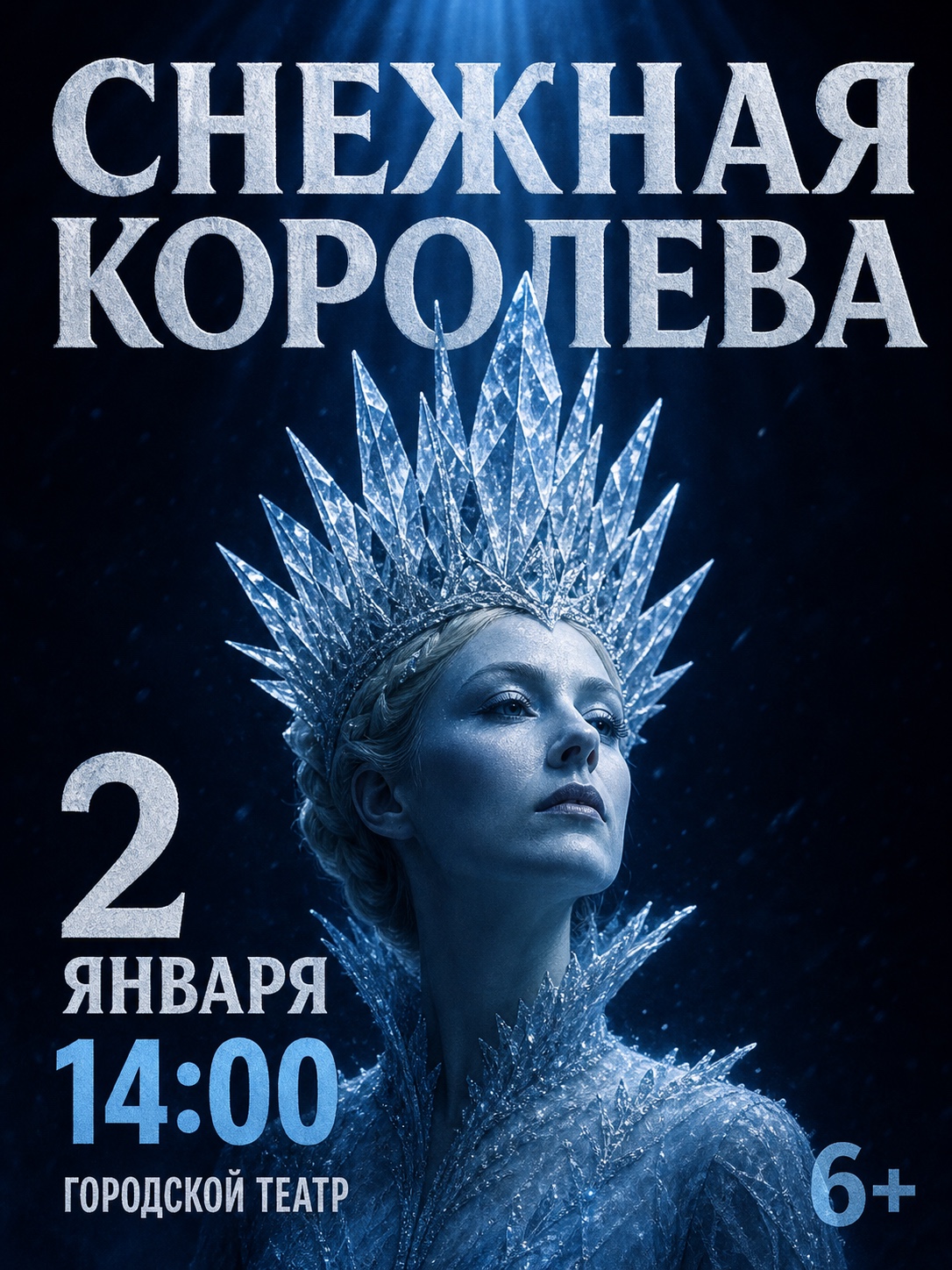 Афиша Снежной королевы: ледяная корона, актриса в синем свете и крупное название