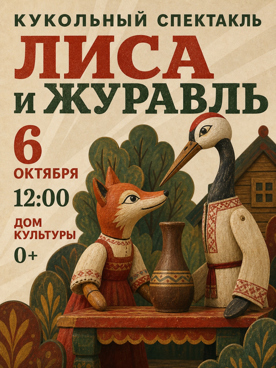 Афиша кукольного спектакля Лиса и журавль: куклы, дата, время и Дом культуры
