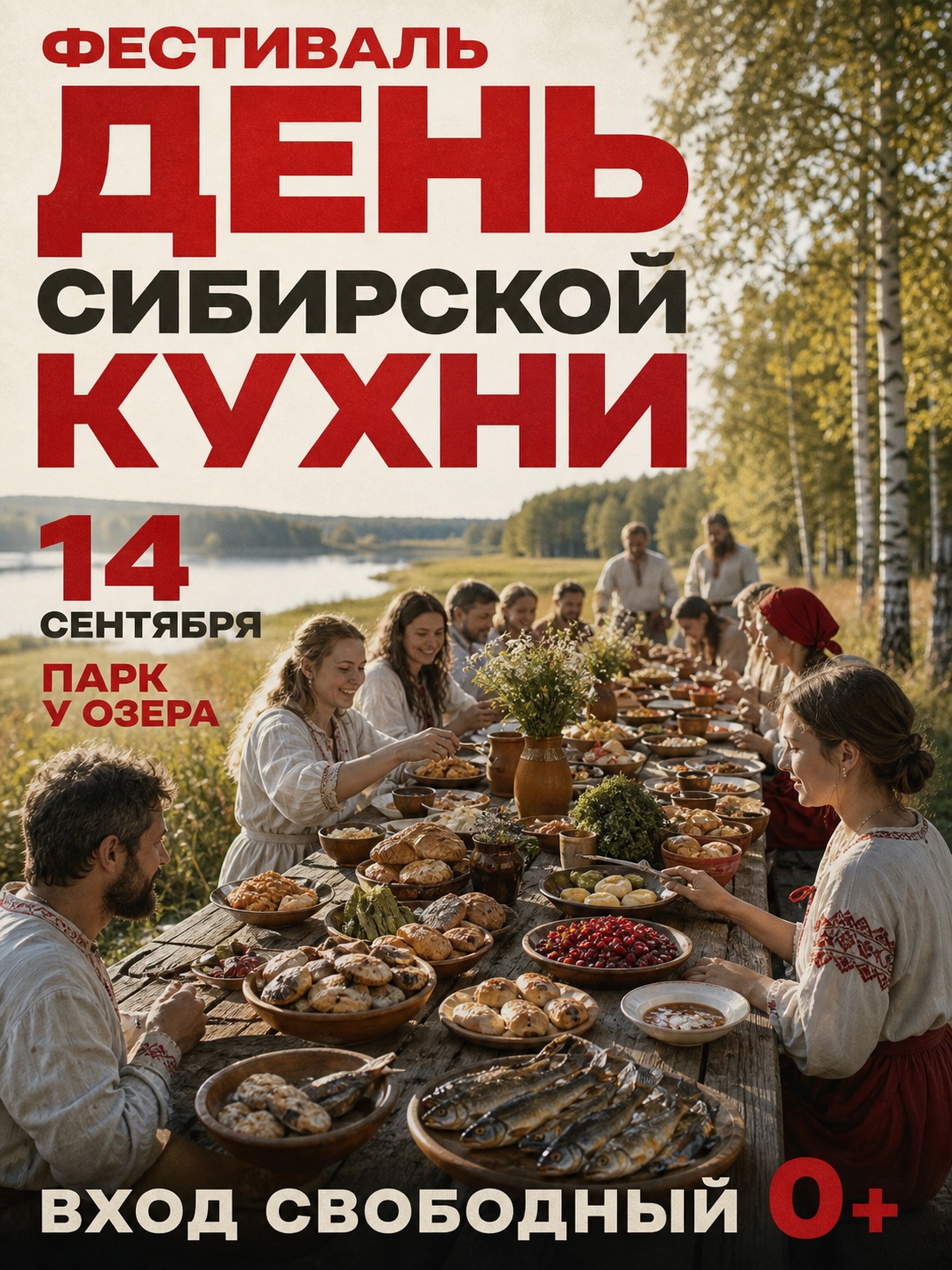 Афиша фестиваля День сибирской кухни: длинный стол у берёзовой рощи, дата и место