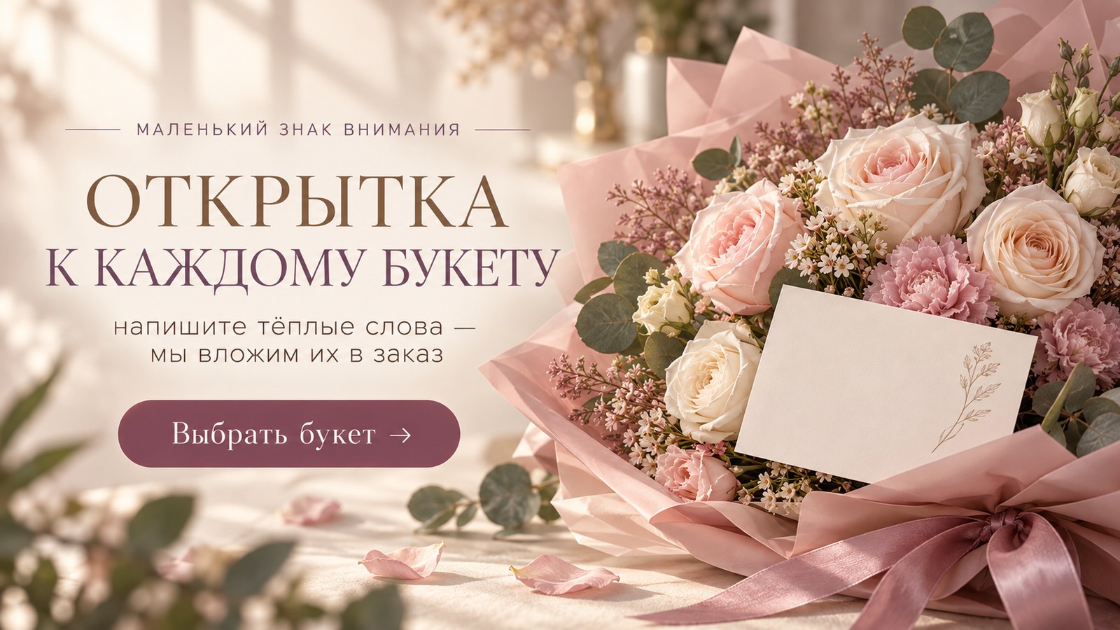 Баннер цветочного магазина: открытка с тёплыми словами к каждому букету