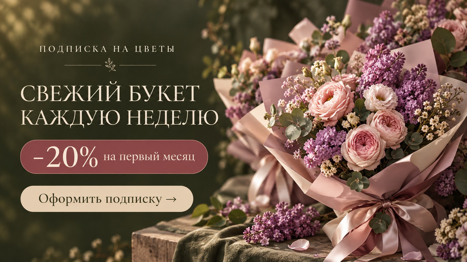 Баннер подписки на цветы со скидкой 20 процентов на первый месяц