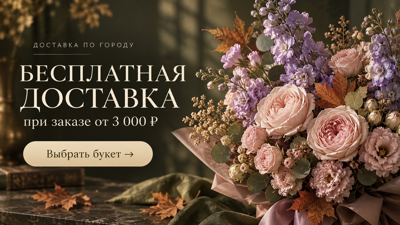 Баннер цветочного магазина: бесплатная доставка при заказе от 3 000 рублей