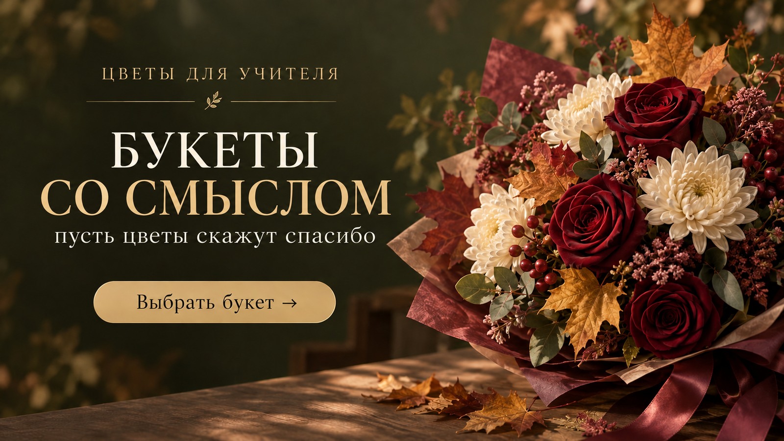 Баннер ко Дню учителя с букетом и предложением поздравить любимого учителя