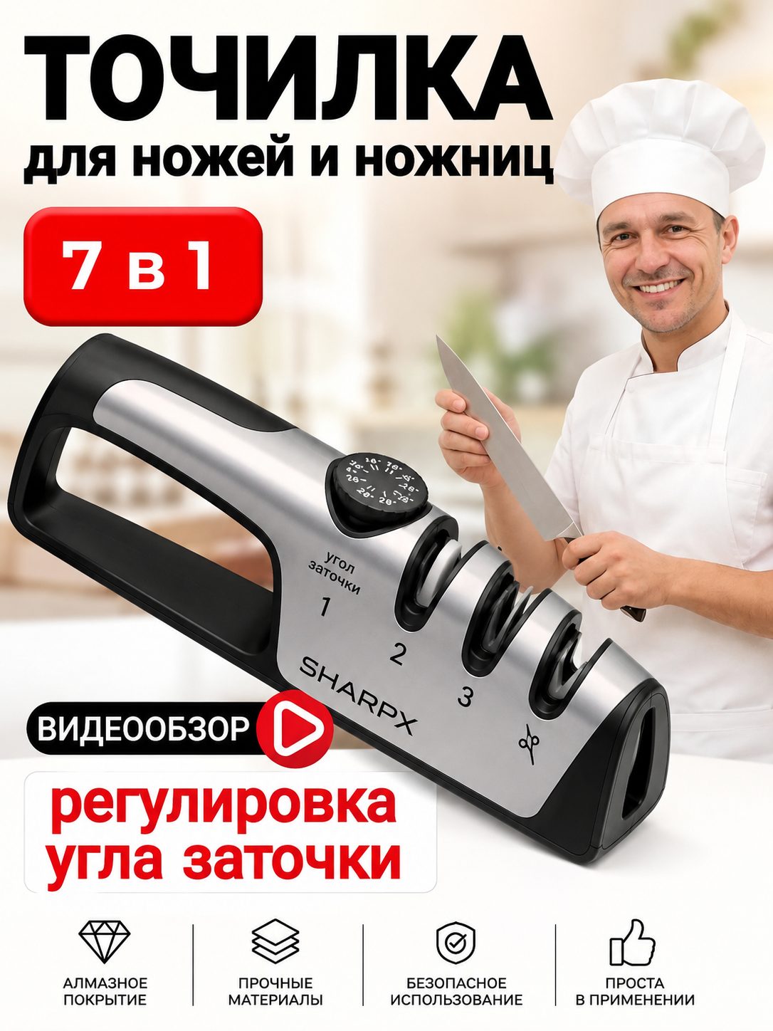 Карточка товара: точилка для ножей — инфографика с выгодами
