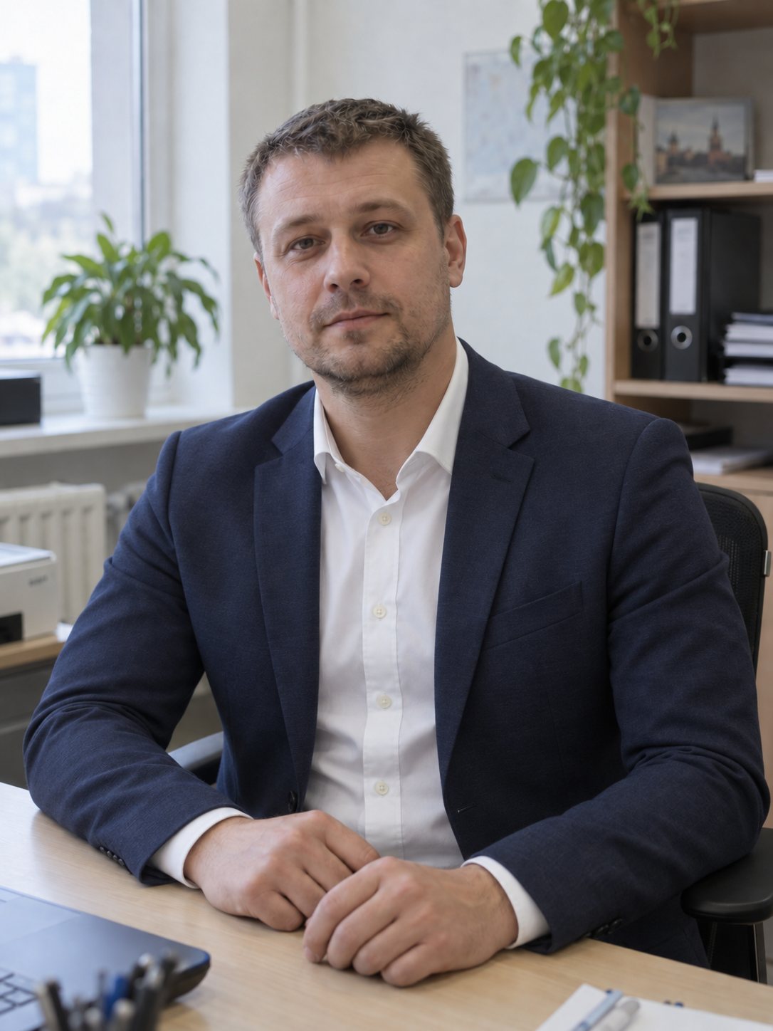После — тот же кадр в белой рубашке и синем пиджаке