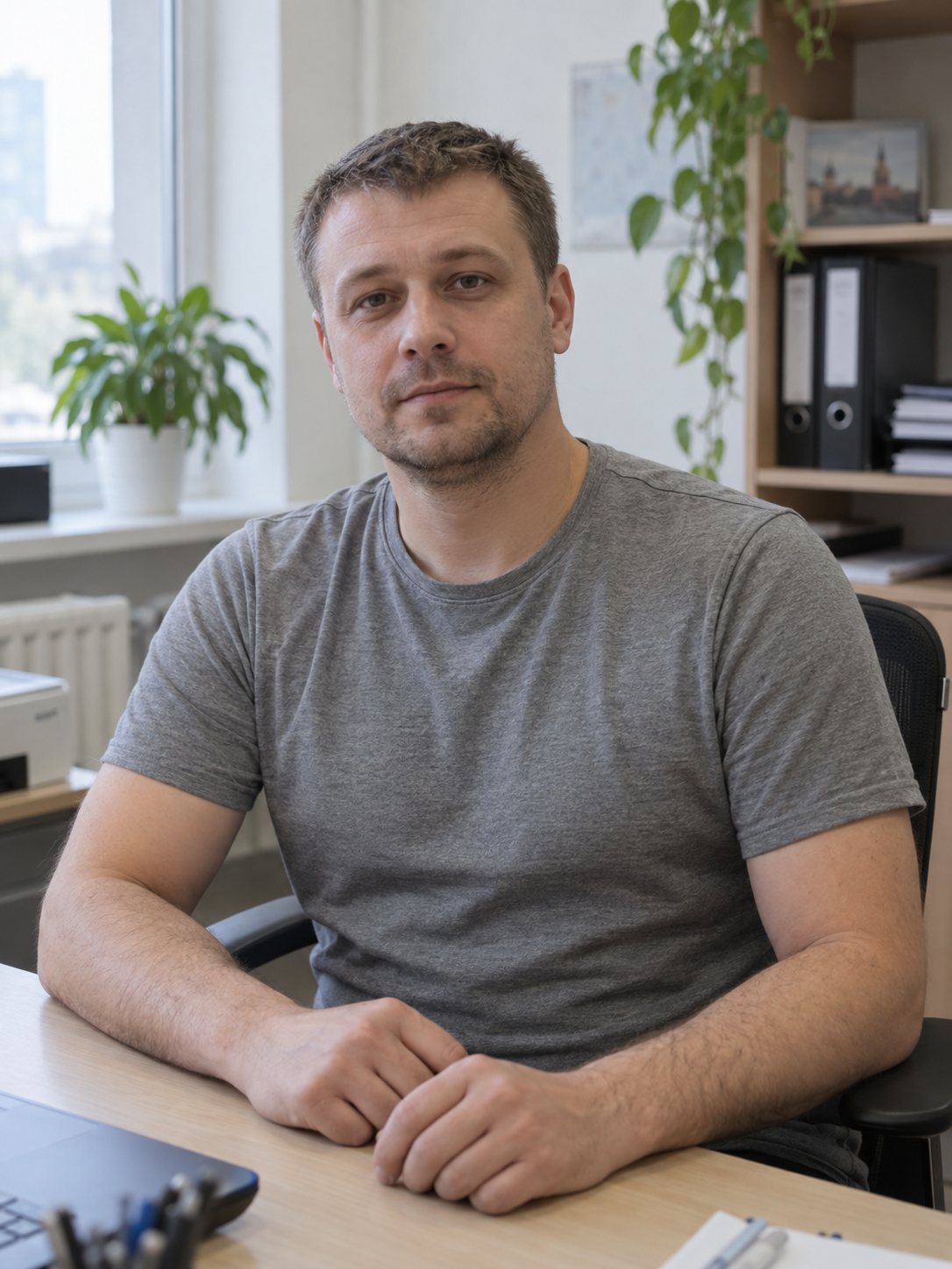 До — мужчина в серой футболке за столом в офисе