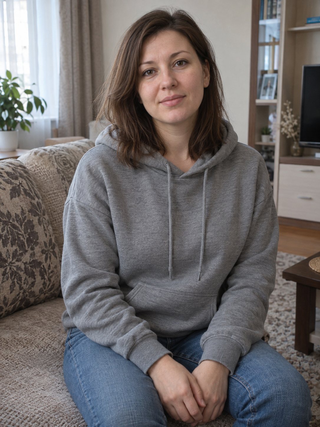 До — женщина в худи и джинсах в гостиной