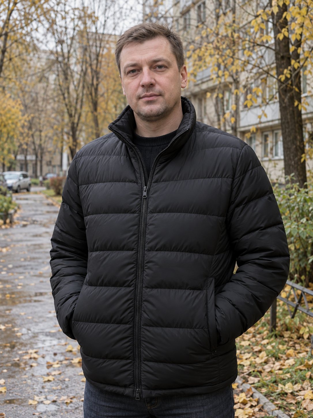 До — мужчина в чёрном пуховике на осенней улице