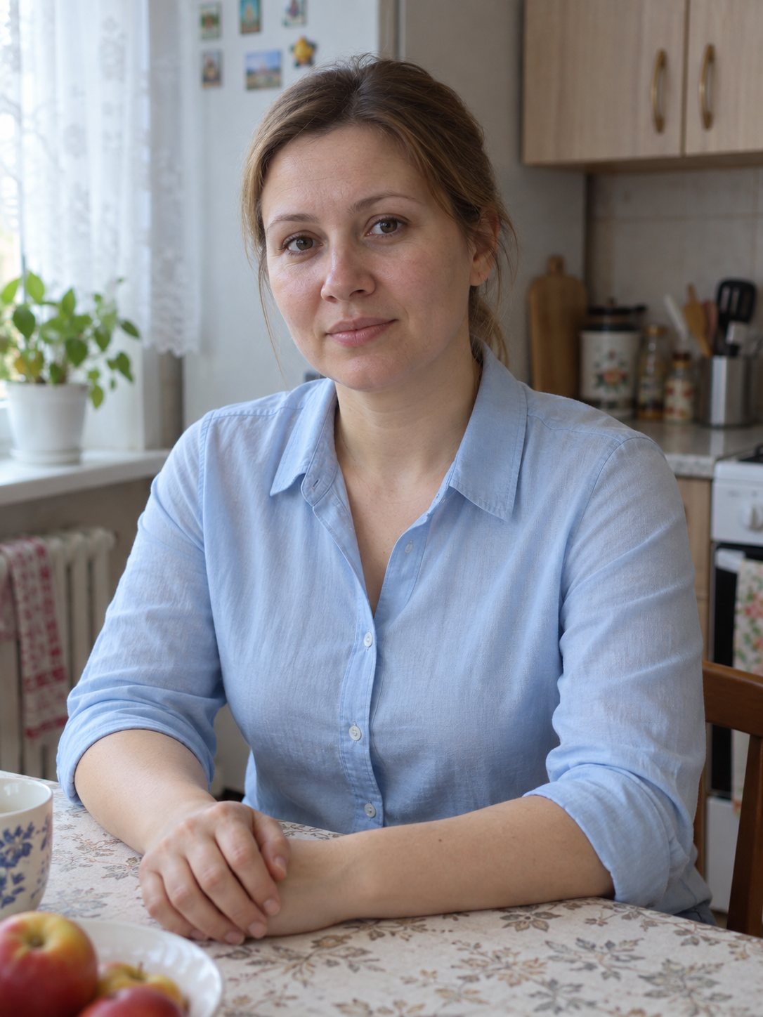 До — женщина в светло-голубой блузке за кухонным столом