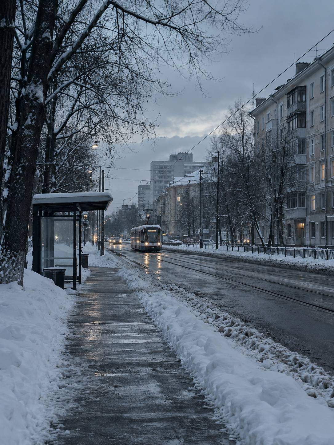Холодная цветокоррекция городского фото — улица зимой