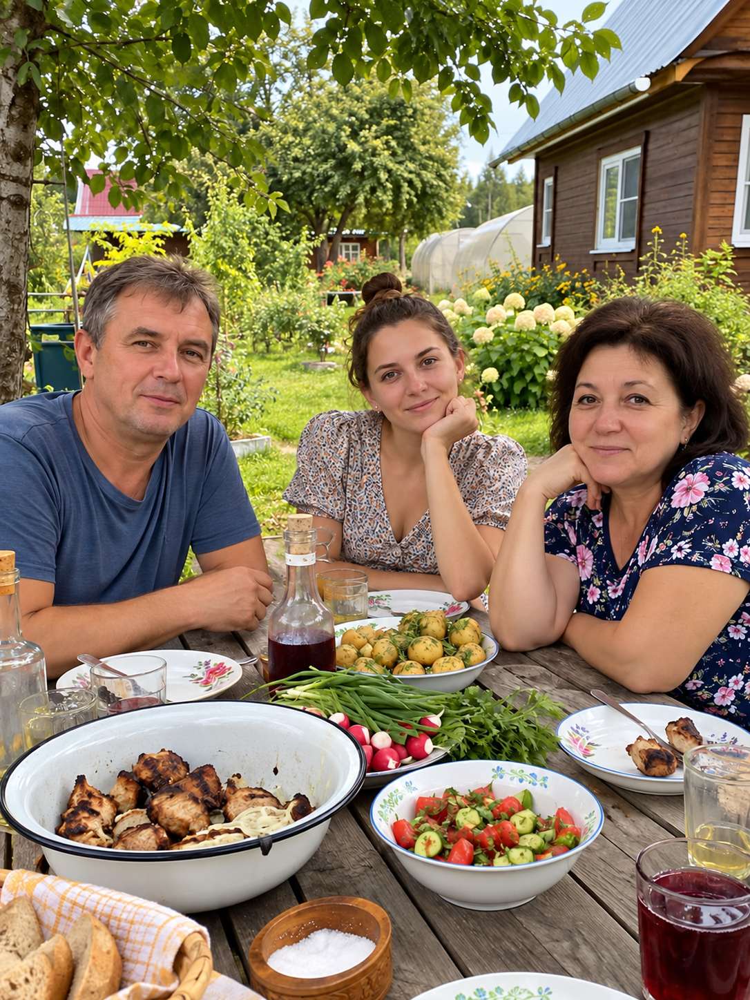 После — та же семья за дачным столом с мягким тёплым светом