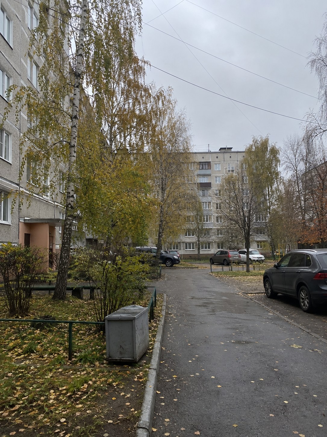 До — двор с проводами поперёк неба и мусорным контейнером в кадре