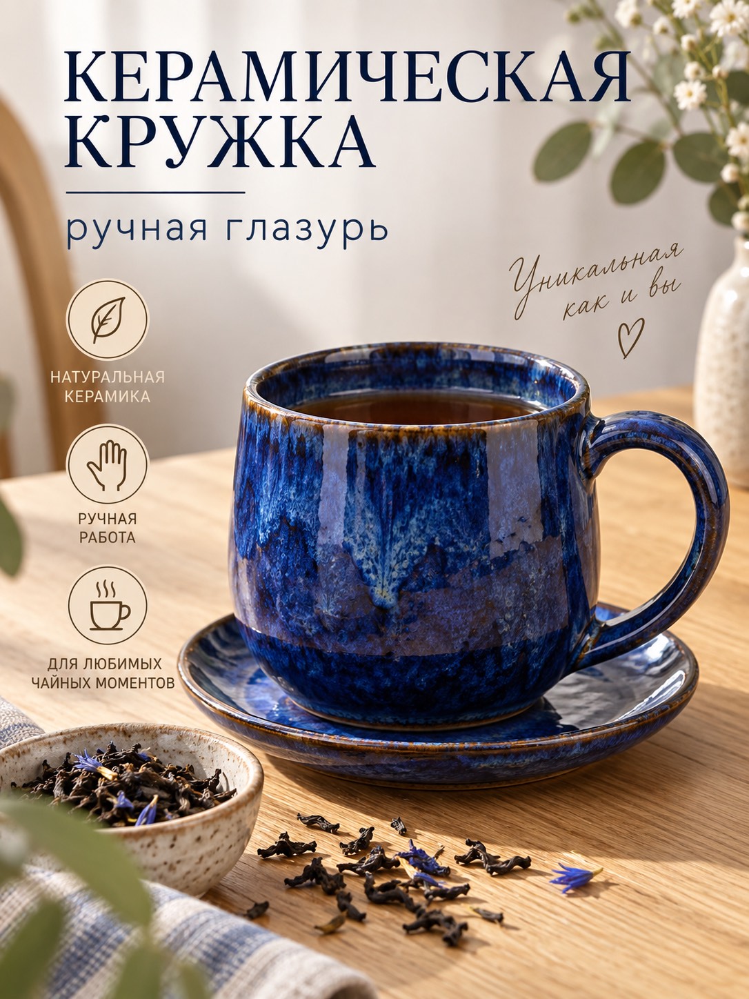 Демонстрационная карточка синей керамической кружки