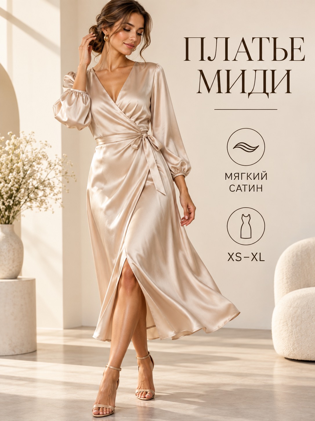 Готовая карточка Wildberries: атласное платье миди и размерная сетка
