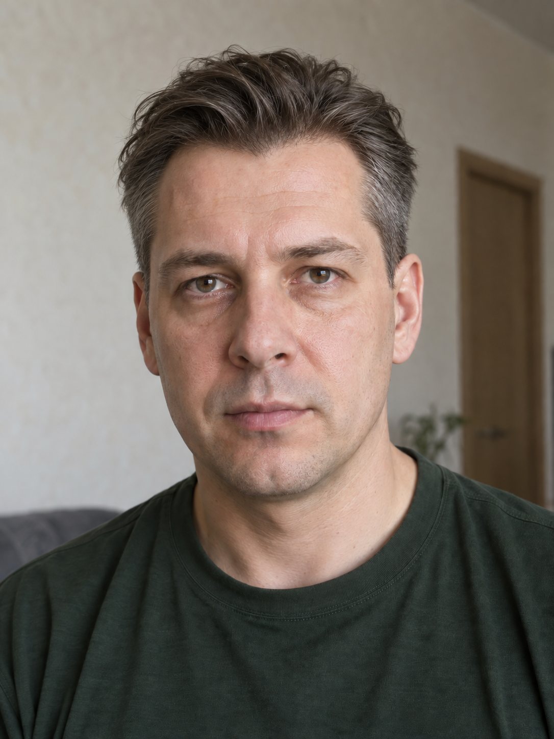 После — удлинённая стрижка с зачёсом назад, седина на месте