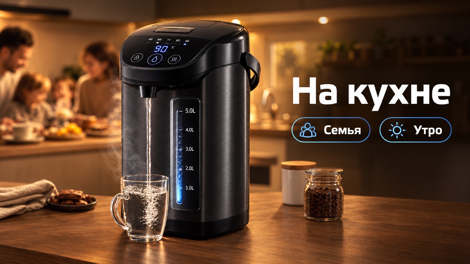 Сцена 16:9 для рич-контента: термопот на кухне