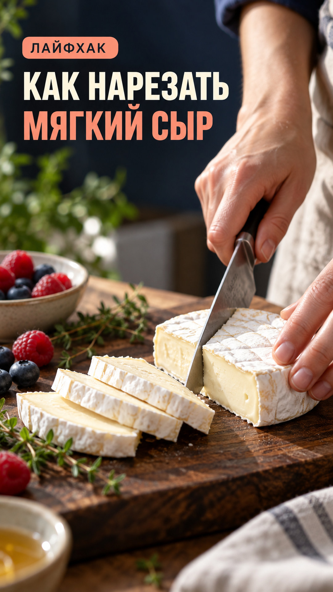 Обложка Reels «Как нарезать мягкий сыр»: крупный заголовок и руки с ножом и сыром в кадре