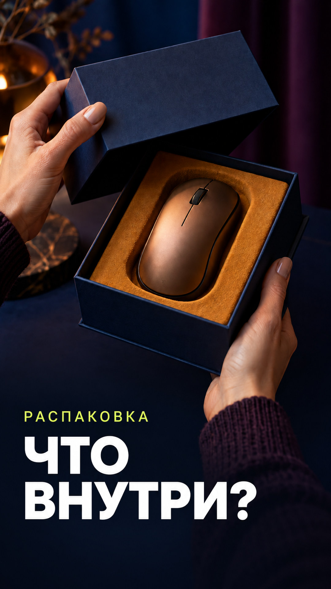 Обложка Reels «Распаковка»: руки открывают коробку с мышью, крупный заголовок «Что внутри?»