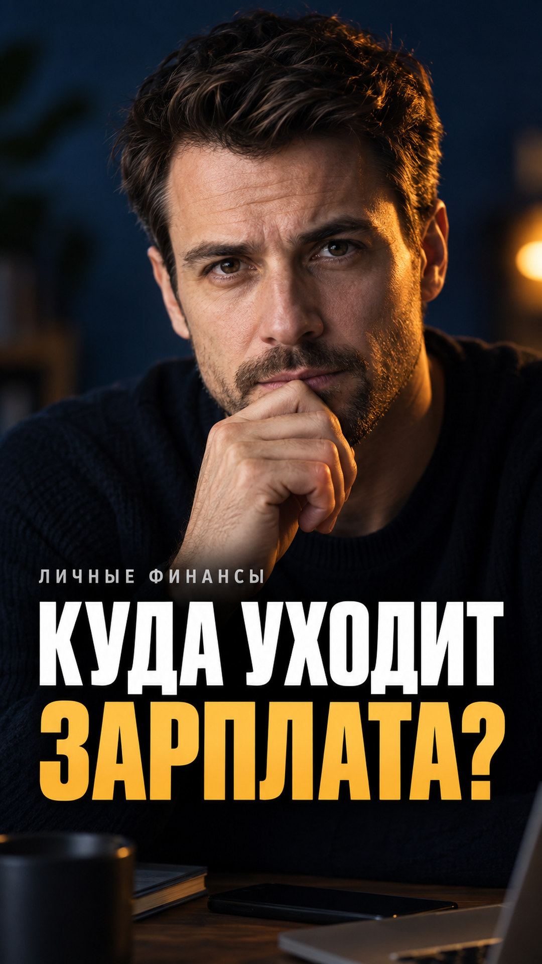 Обложка Reels о личных финансах: задумчивый мужчина и крупный заголовок «КУДА УХОДИТ ЗАРПЛАТА?»