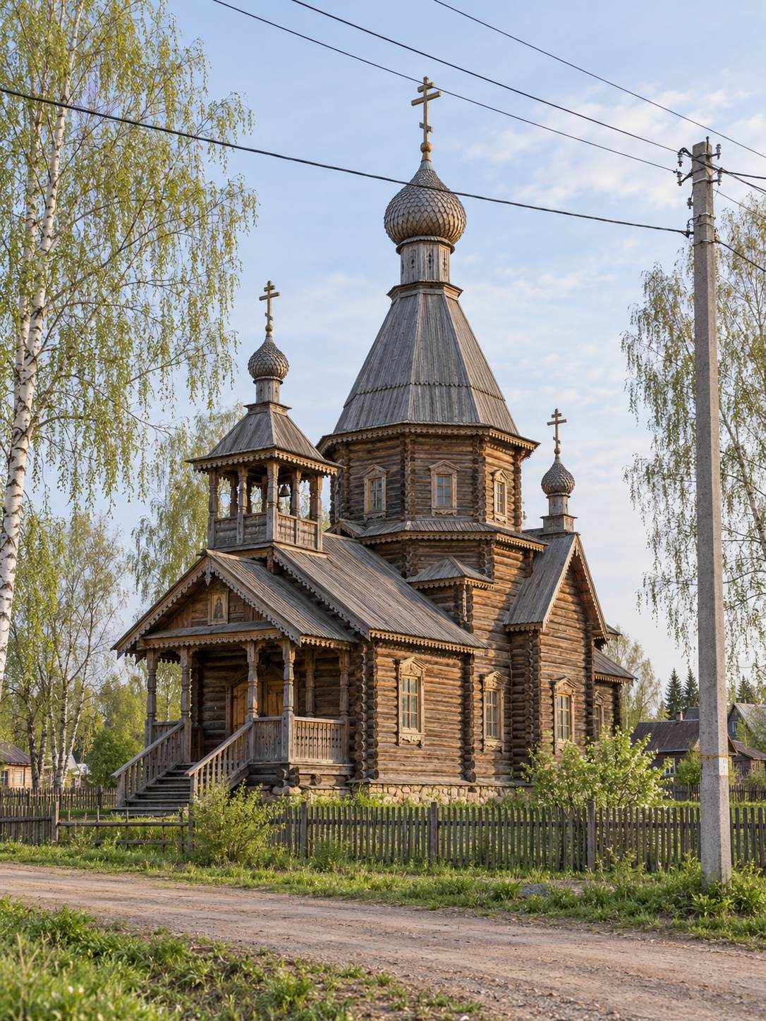 До — деревянная церковь, перед ней провода и бетонный столб
