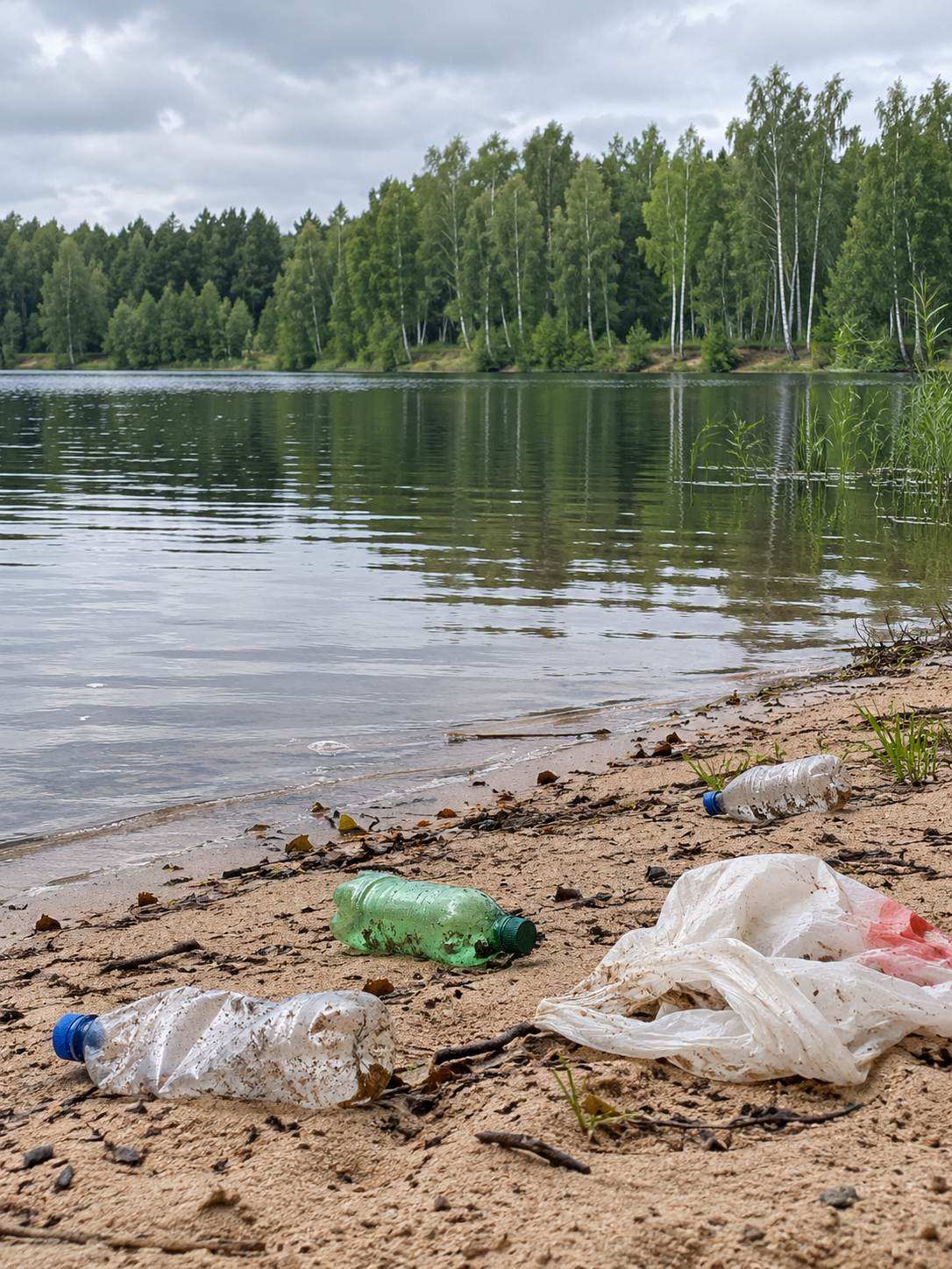 До — берег озера с пакетами и пластиковыми бутылками